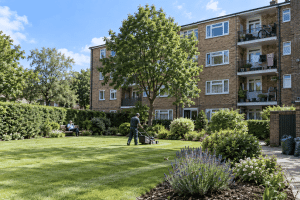 Worker mowing the lawn in a communal garden