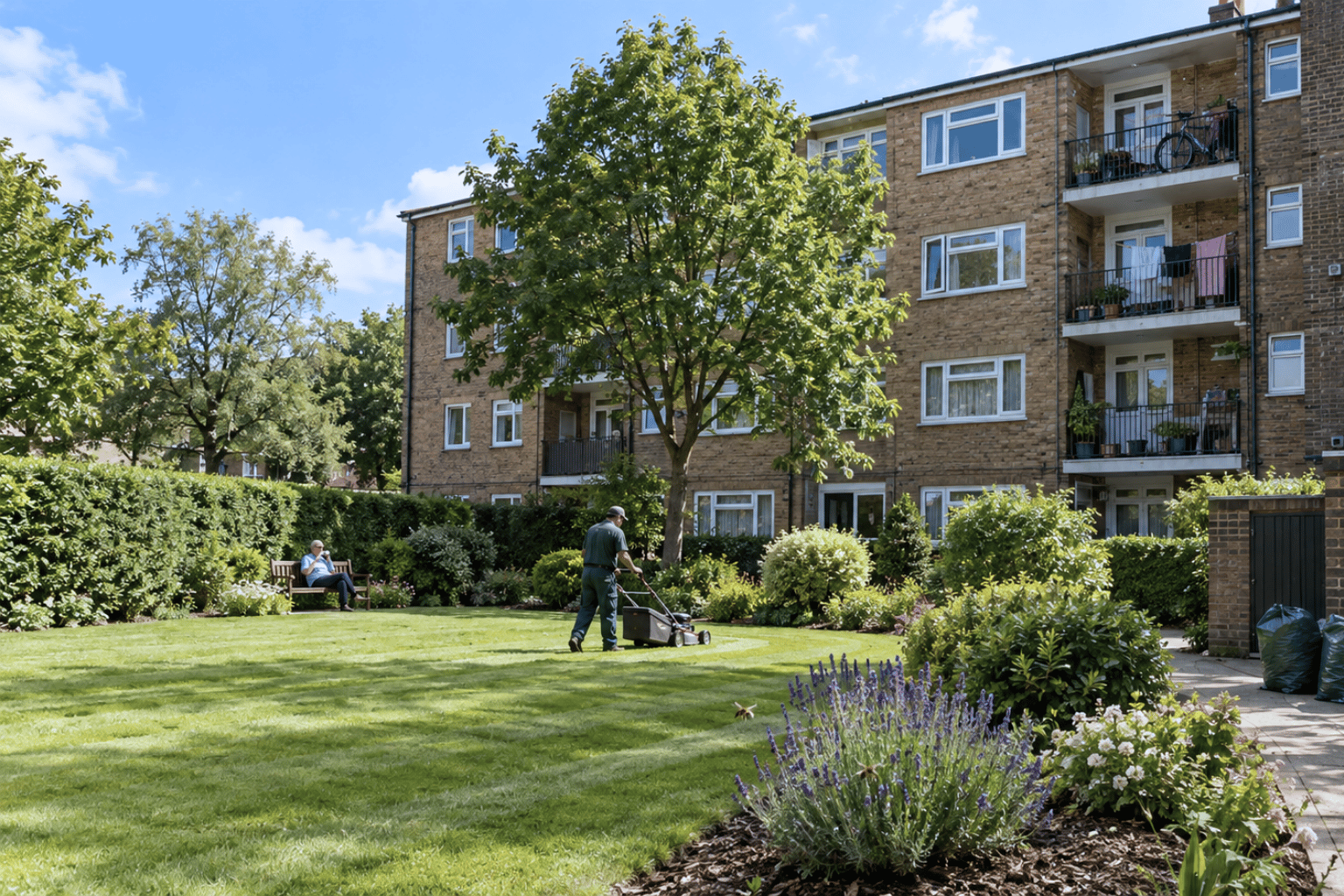 Worker mowing the lawn in a communal garden