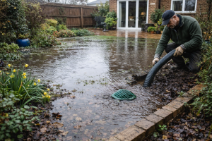 Waterlogged South East London garden with standing water on the lawn while a gardener clears a blocked drain