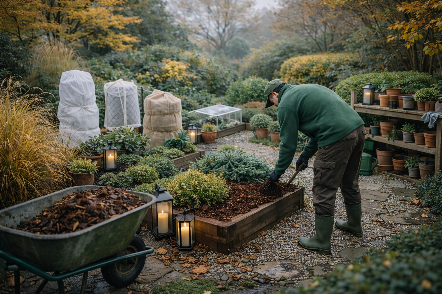 A gardener preparing a well-maintained garden for winter in South East London, ensuring plants and soil are protected before frost arrives.