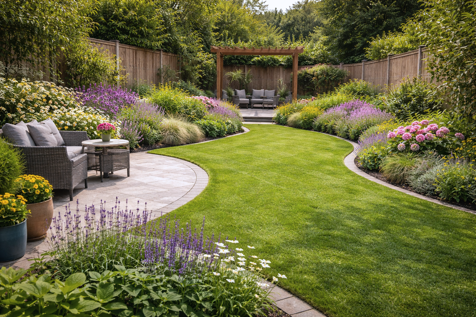 Neat backyard garden with green lawn, patio table and chairs, and mature shrubs beside a white house on a cloudy day