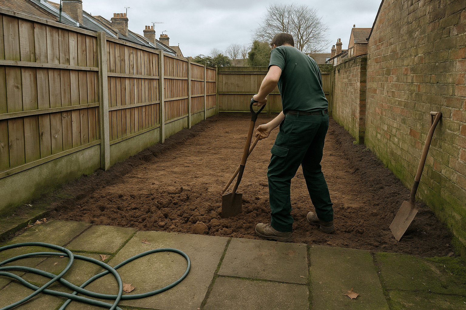 gardener preparing clay soil for turf installation in Eltham SE9