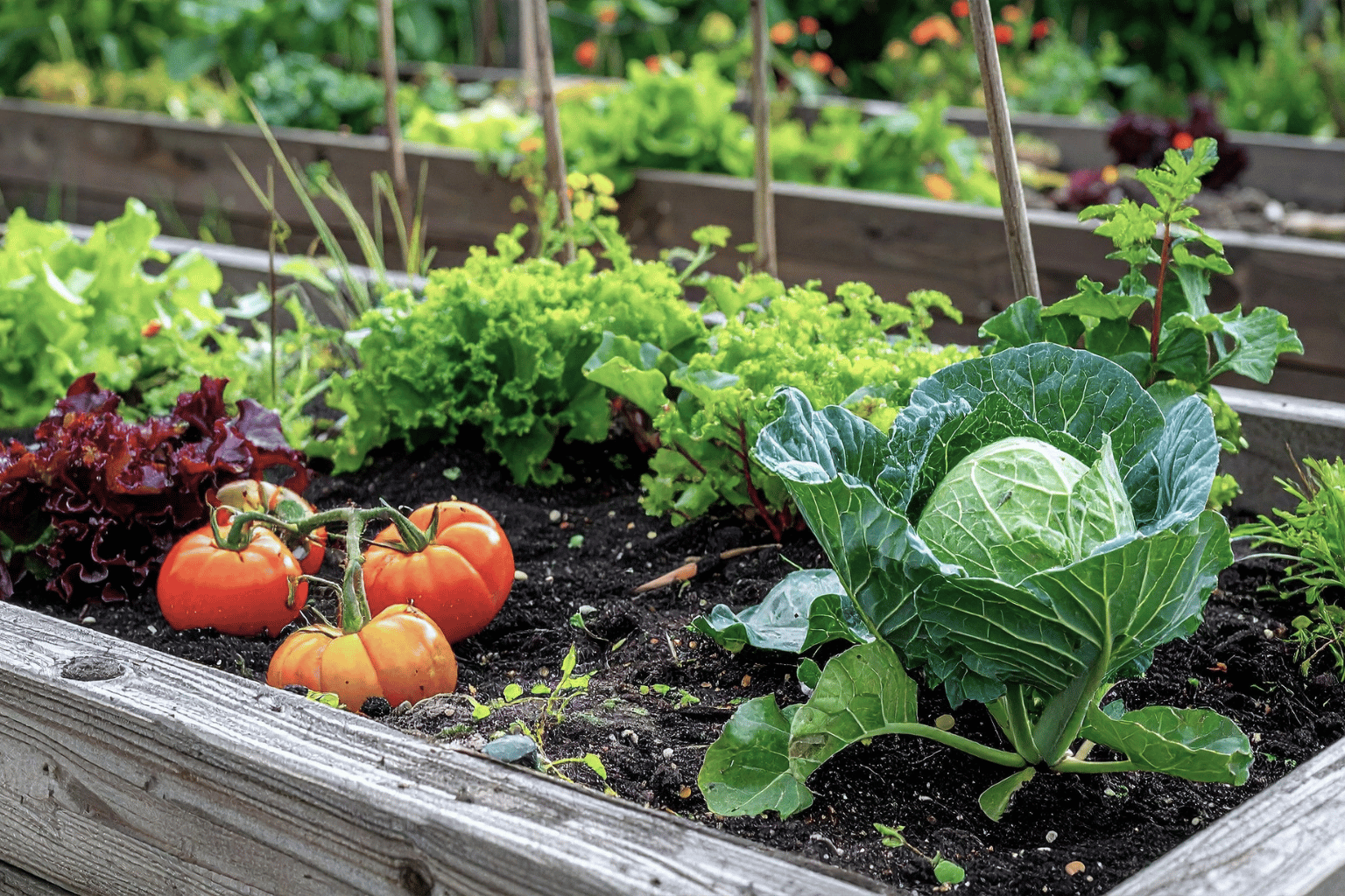 Small raised bed vegetable garden in South East London with lettuce, tomatoes, cabbage and herbs