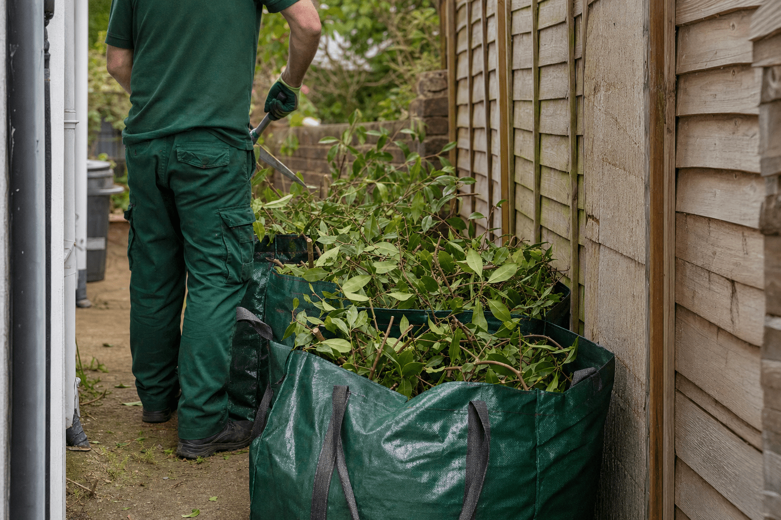 bagged hedge cuttings carried out through a side return in Lewisham SE13