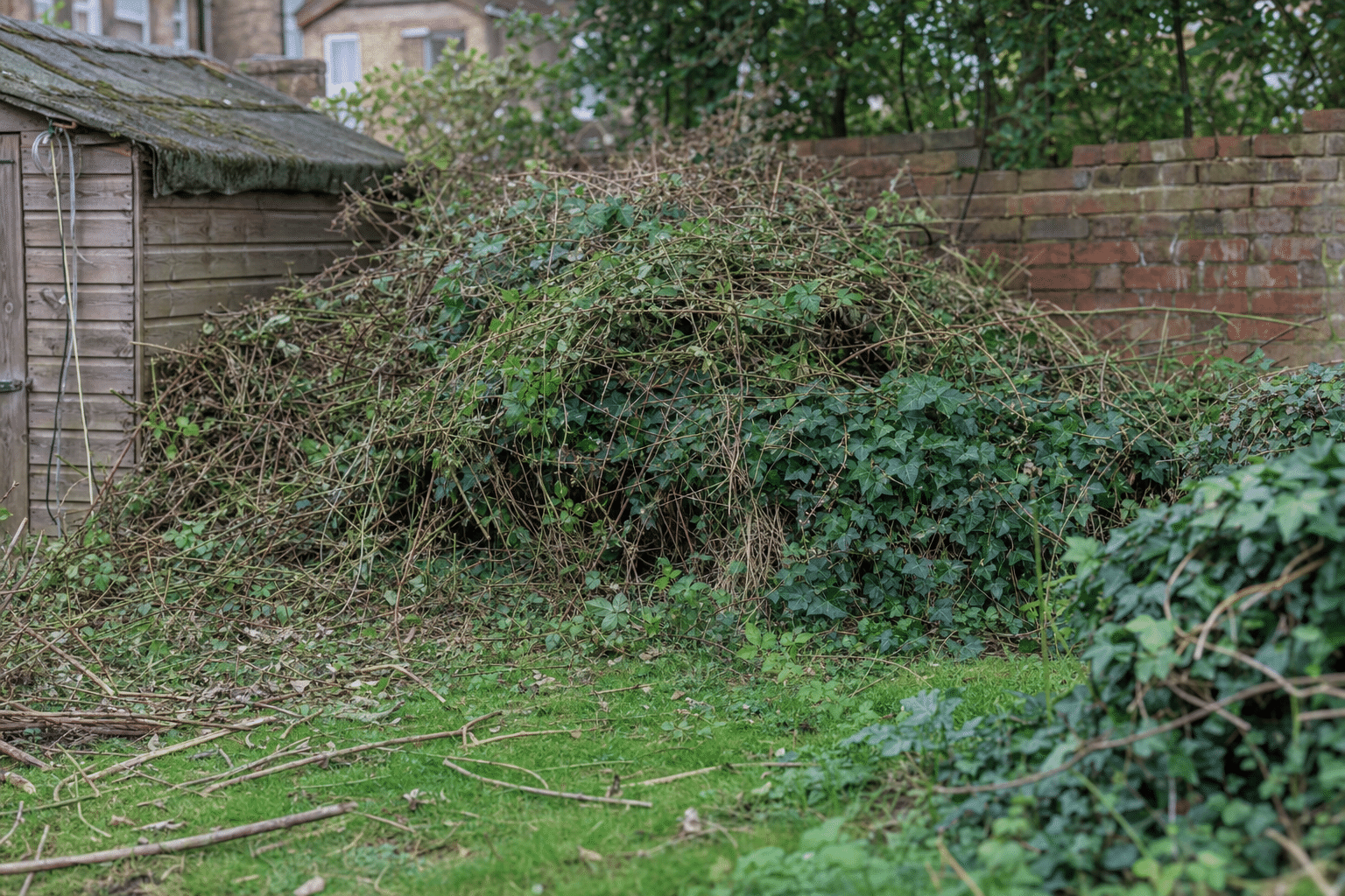 bramble thicket and ivy mound piled up behind a garden shed in Catford SE6, the kind of cover rats nest in over winter