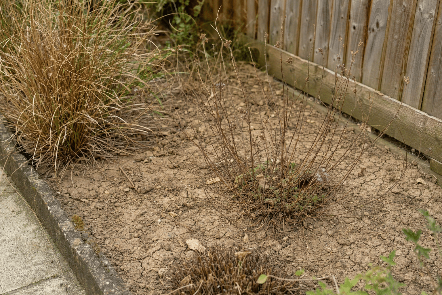burnt brown perennial border with cracked clay soil in a terraced back garden in Brockley SE4