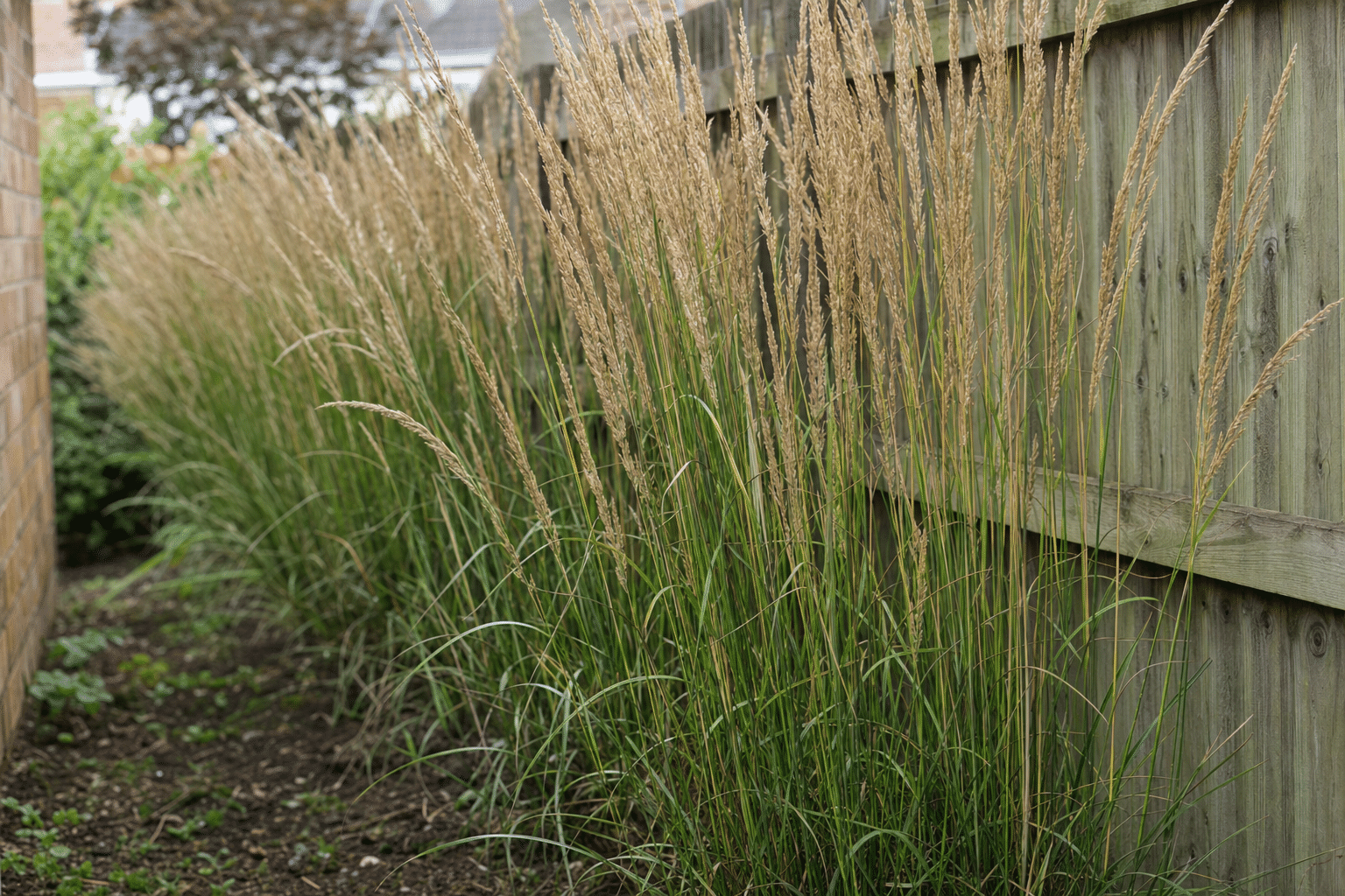 Calamagrostis Karl Foerster standing upright in a clay border in Eltham SE9