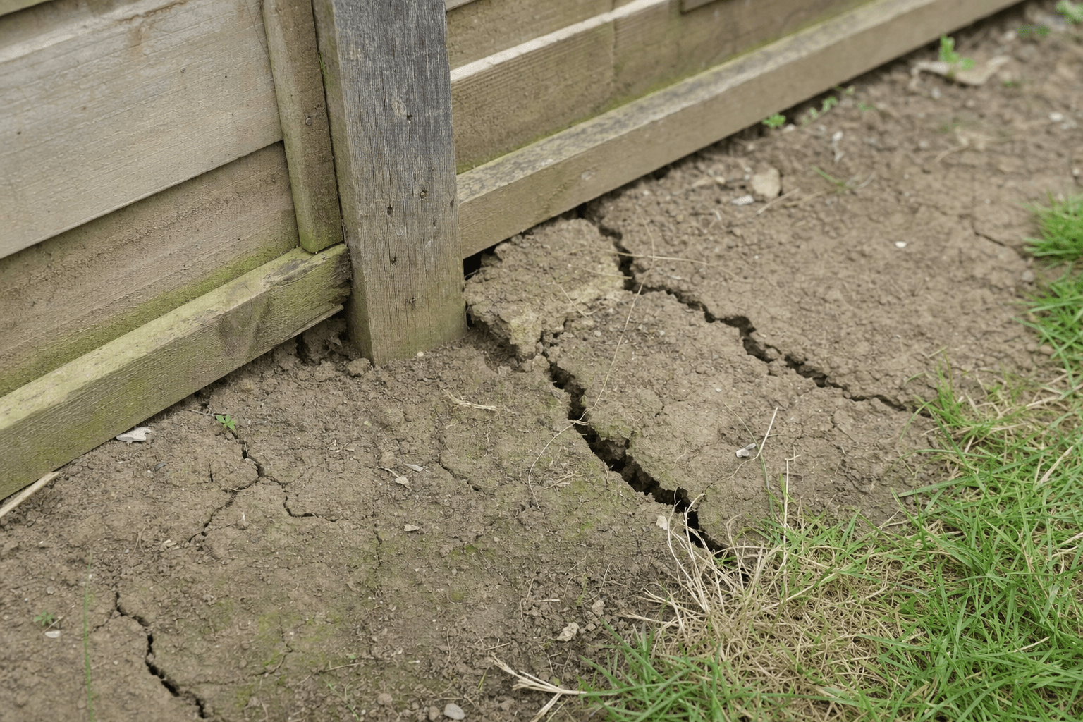cracked dry London clay soil pulling away from a fence line in Catford SE6
