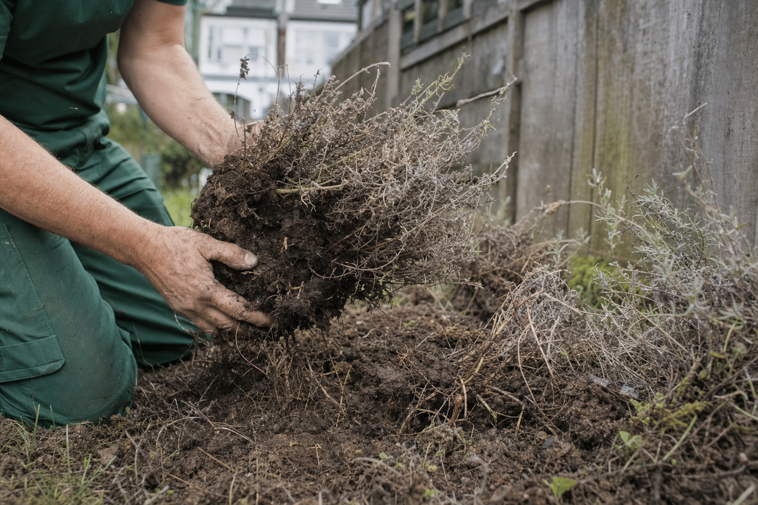dead brown lavender plants lifted out of a wet clay front garden border in Catford SE6