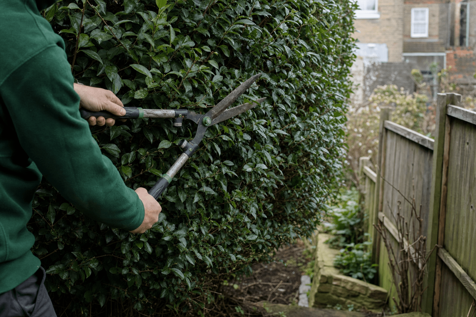 dense evergreen boundary hedge shading a small terraced garden in Forest Hill SE23