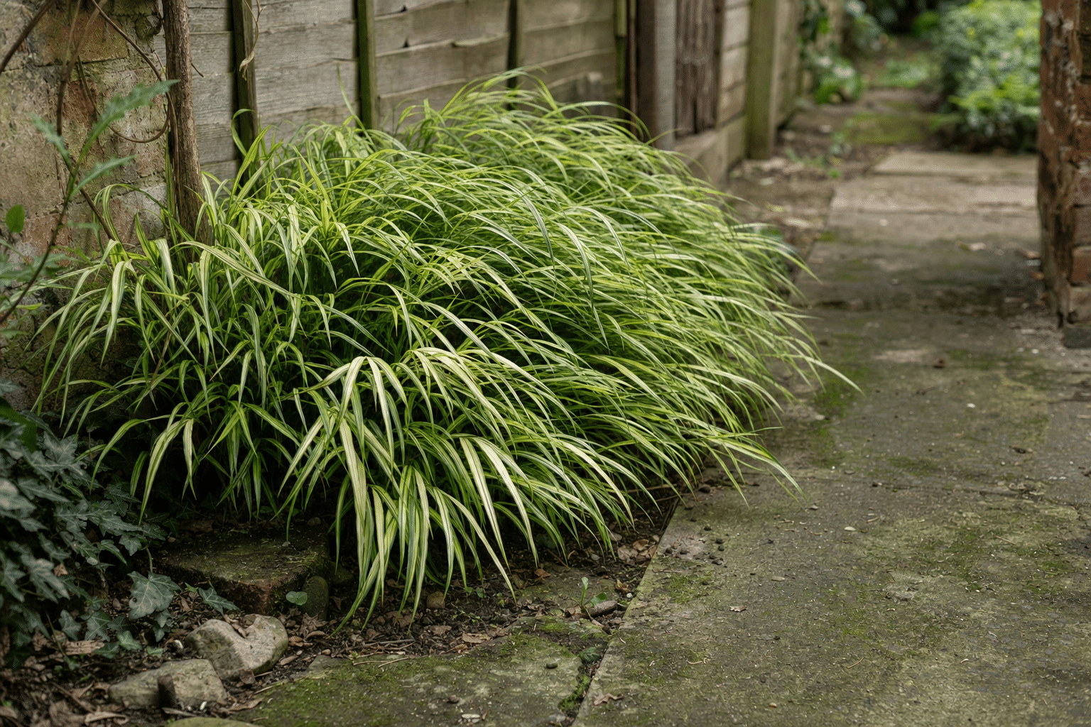 Hakonechloa macra arching over a shaded side return path in East Dulwich SE22