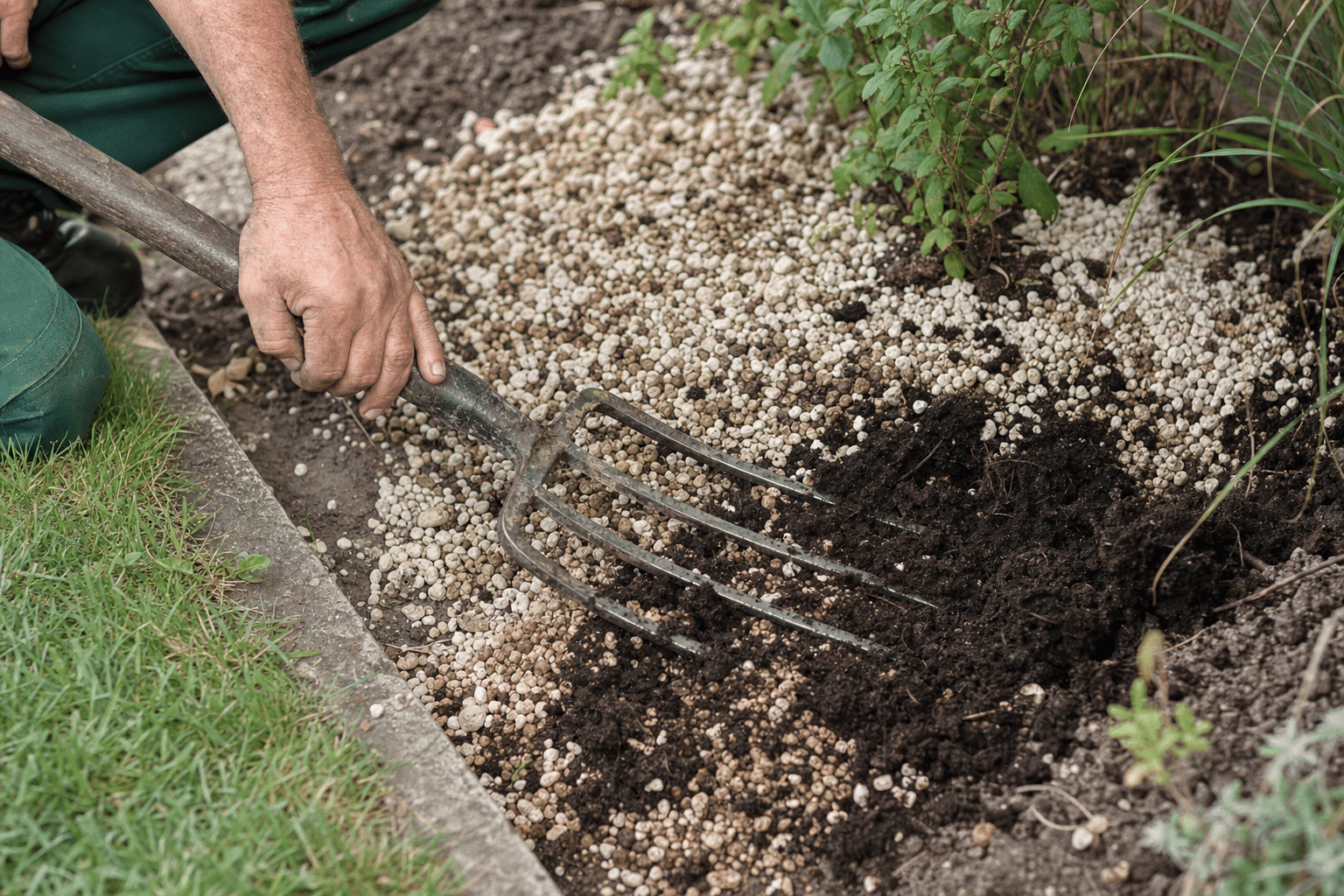 horticultural grit and compost being forked into a raised planting border in Eltham SE9