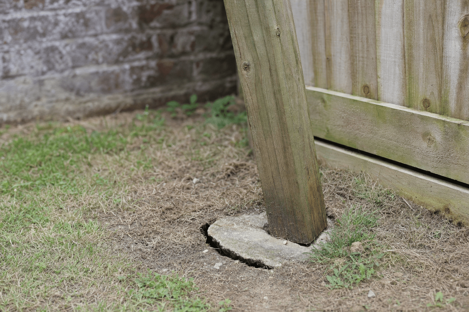 leaning timber fence post with a shrinkage gap around its concrete base in an Eltham SE9 back garden