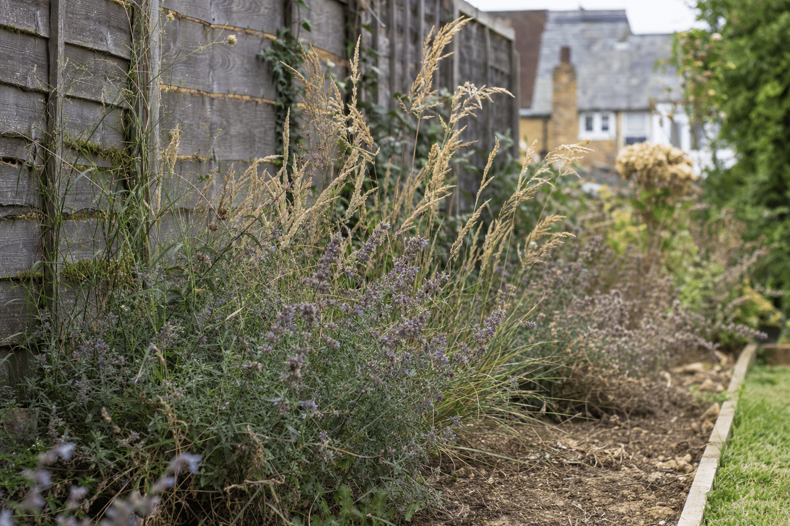 Nepeta and Calamagrostis grasses still flowering in a dry unwatered August border in Blackheath SE3