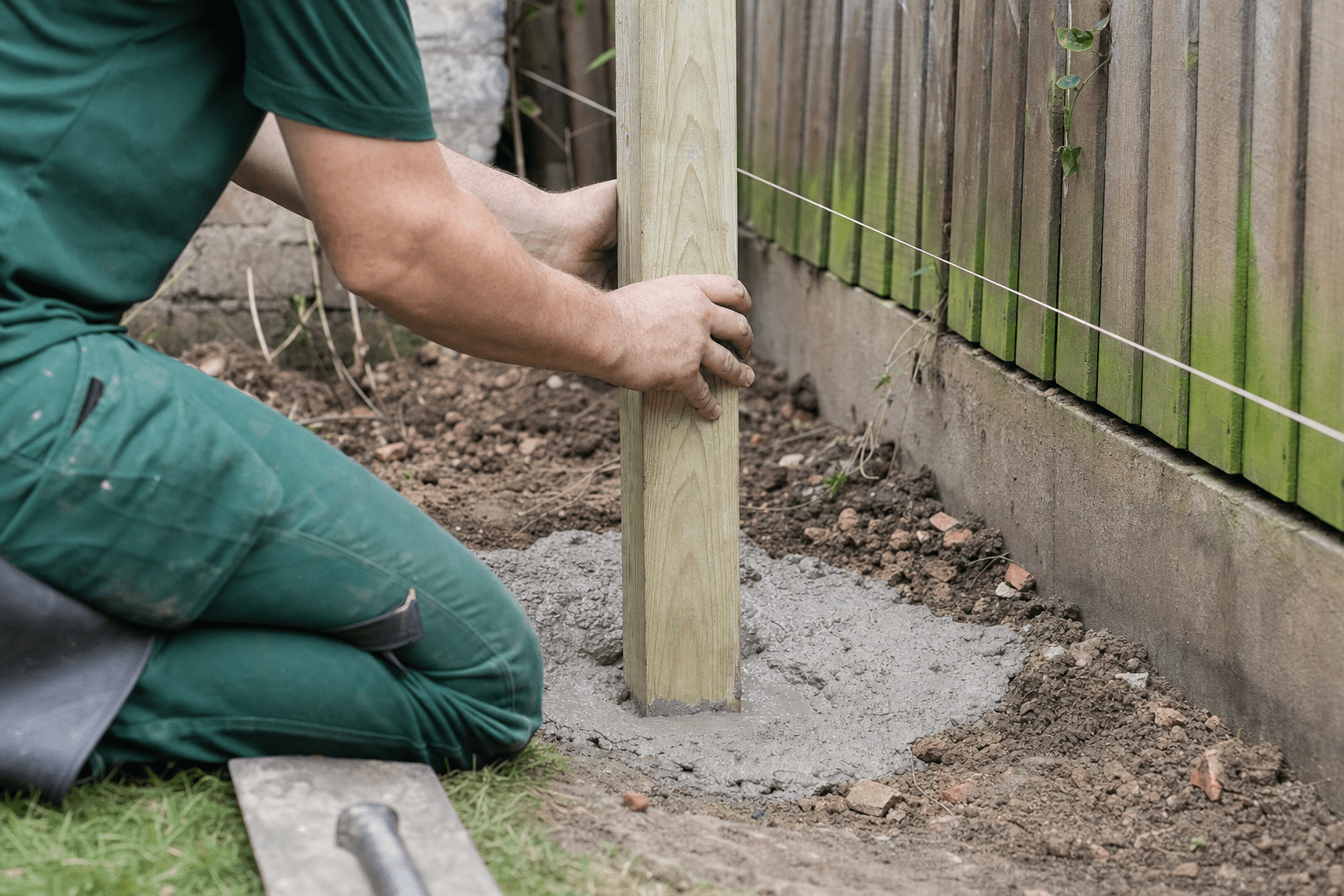 new timber fence post being set in concrete along a back garden boundary in Crystal Palace SE19