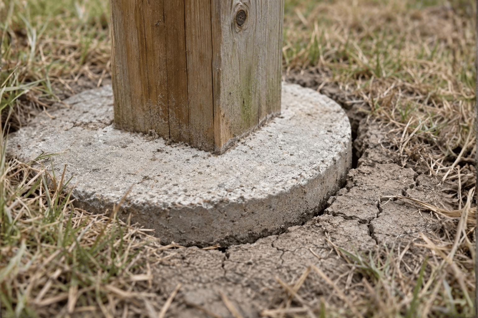 Gap between a fence post's concrete base and dry cracked clay soil caused by drought shrinkage