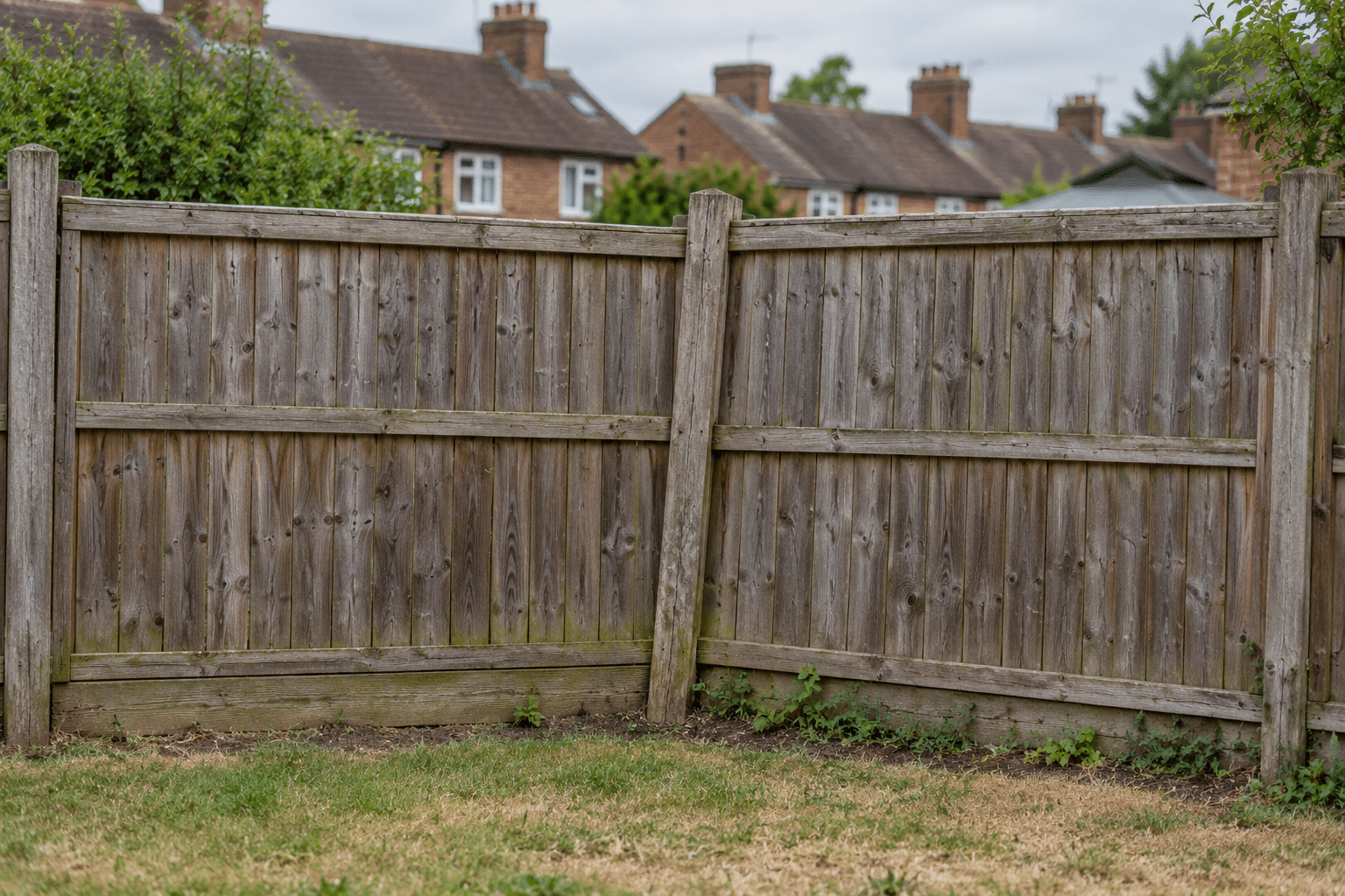 Leaning timber fence post pushing two garden fence panels out of line after dry weather