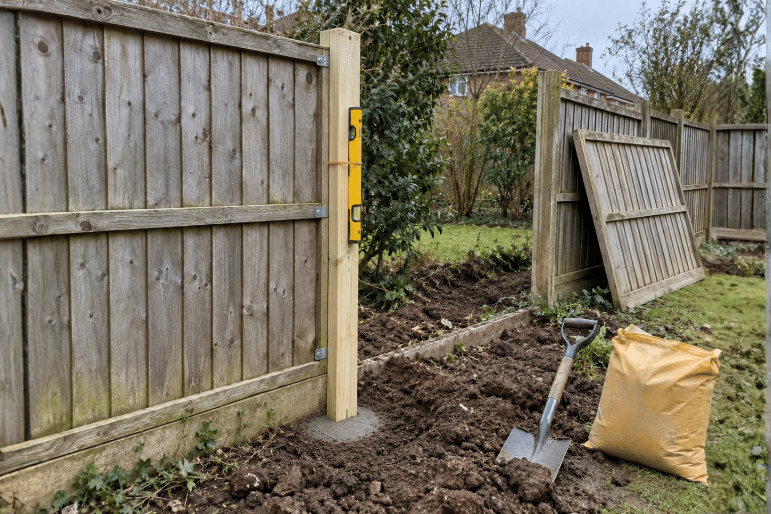 New timber fence post set in fresh concrete with a spirit level, the old panel removed for refitting