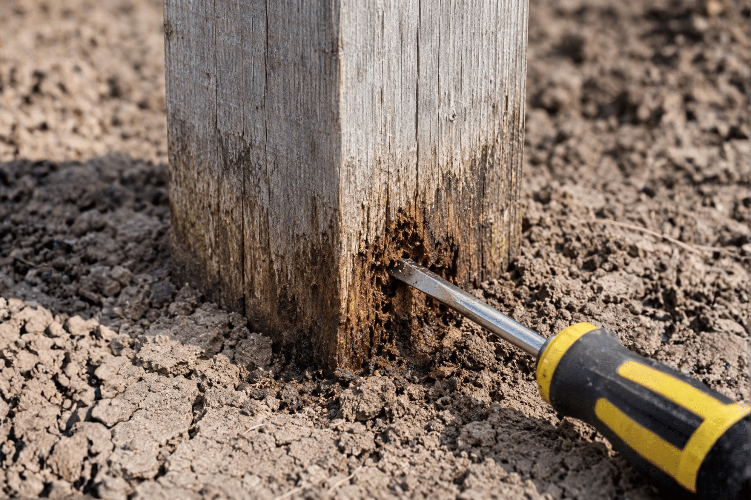 Screwdriver pushed into a rotten timber fence post at soil level, showing the post needs replacing
