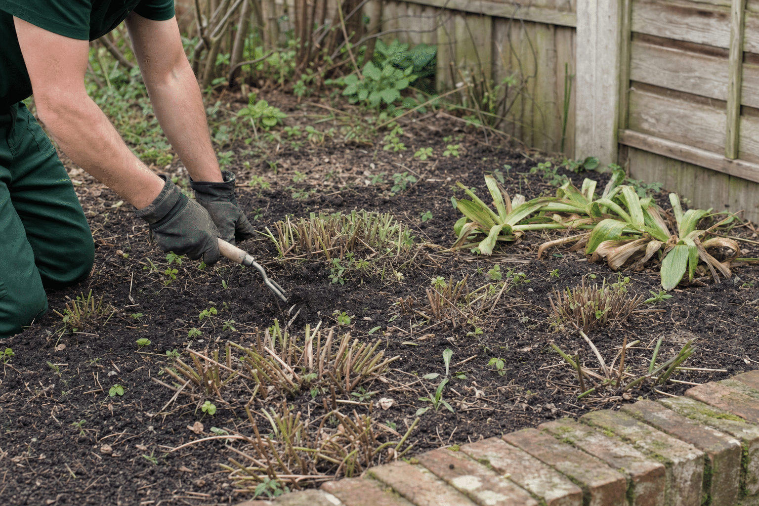 border of hardy geraniums and hostas cut back to the ground in a terraced back garden in Catford SE6