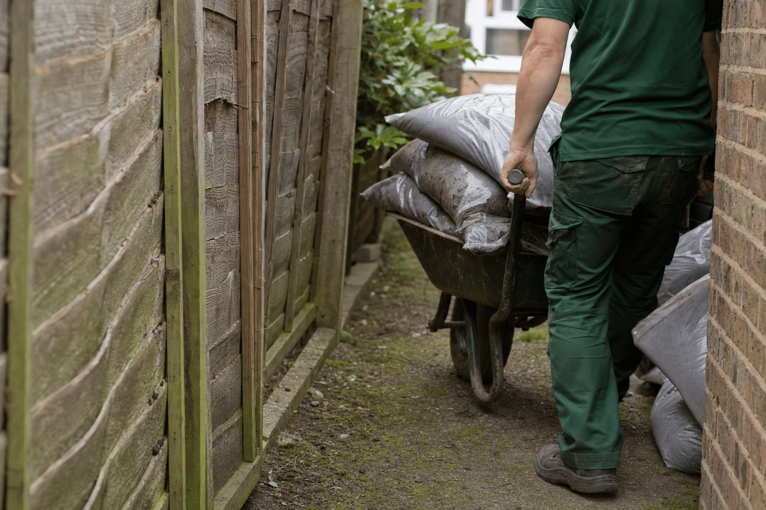 bulk bags of screened topsoil and compost being barrowed through a side return in Peckham SE15