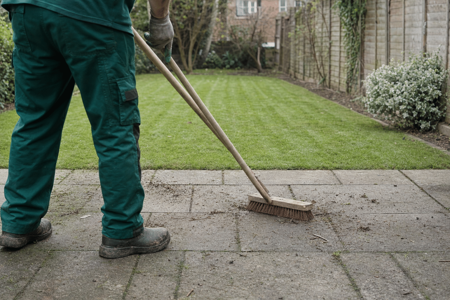 cleared green lawn and swept patio after a November leaf clearance in Forest Hill SE23