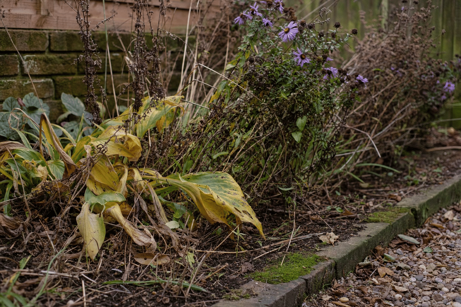 collapsed hostas and asters in an autumn border before a cut back in a terraced garden in Brockley SE4
