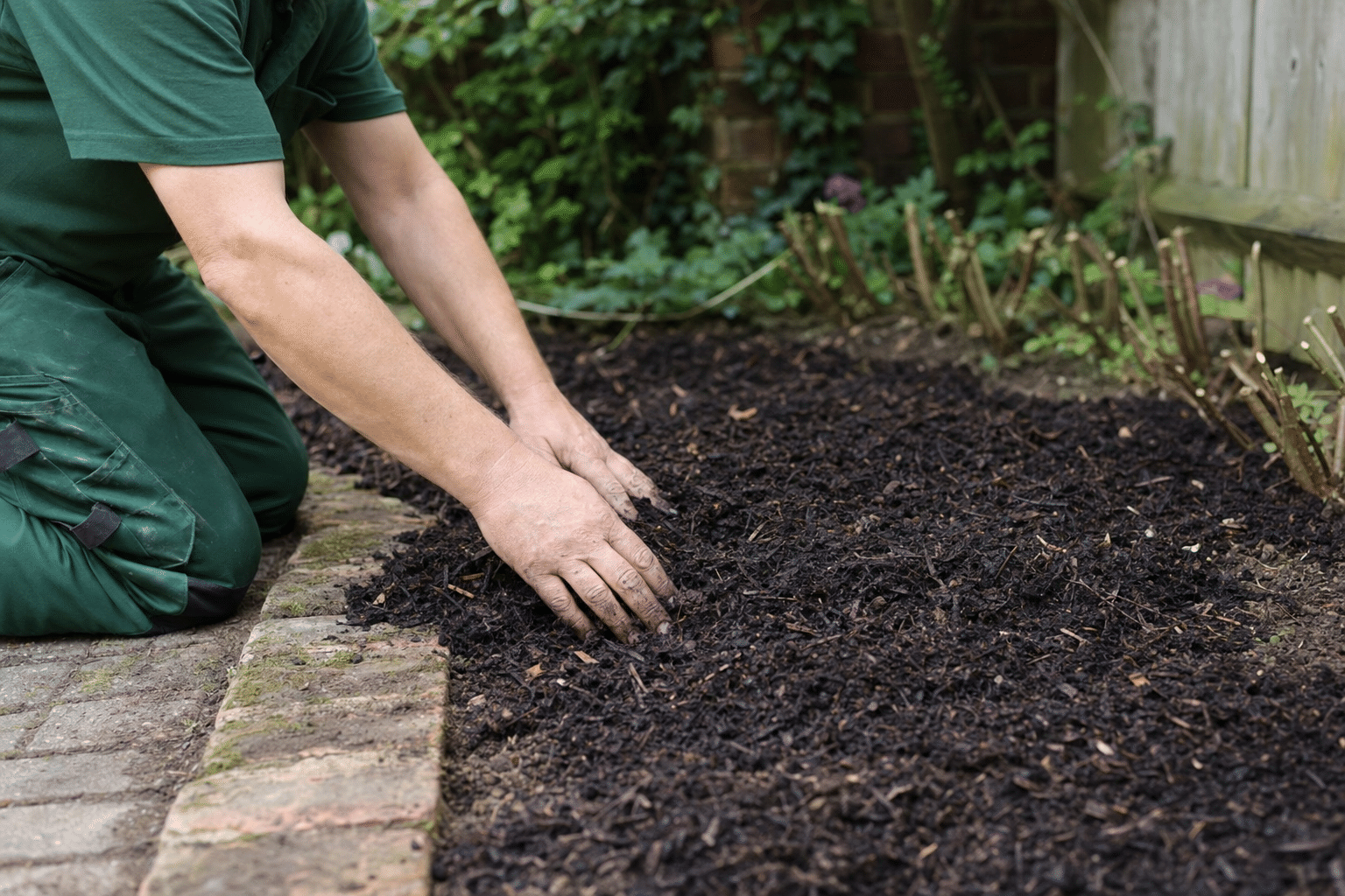 compost mulch spread over a cut back clay border in a back garden in Eltham SE9