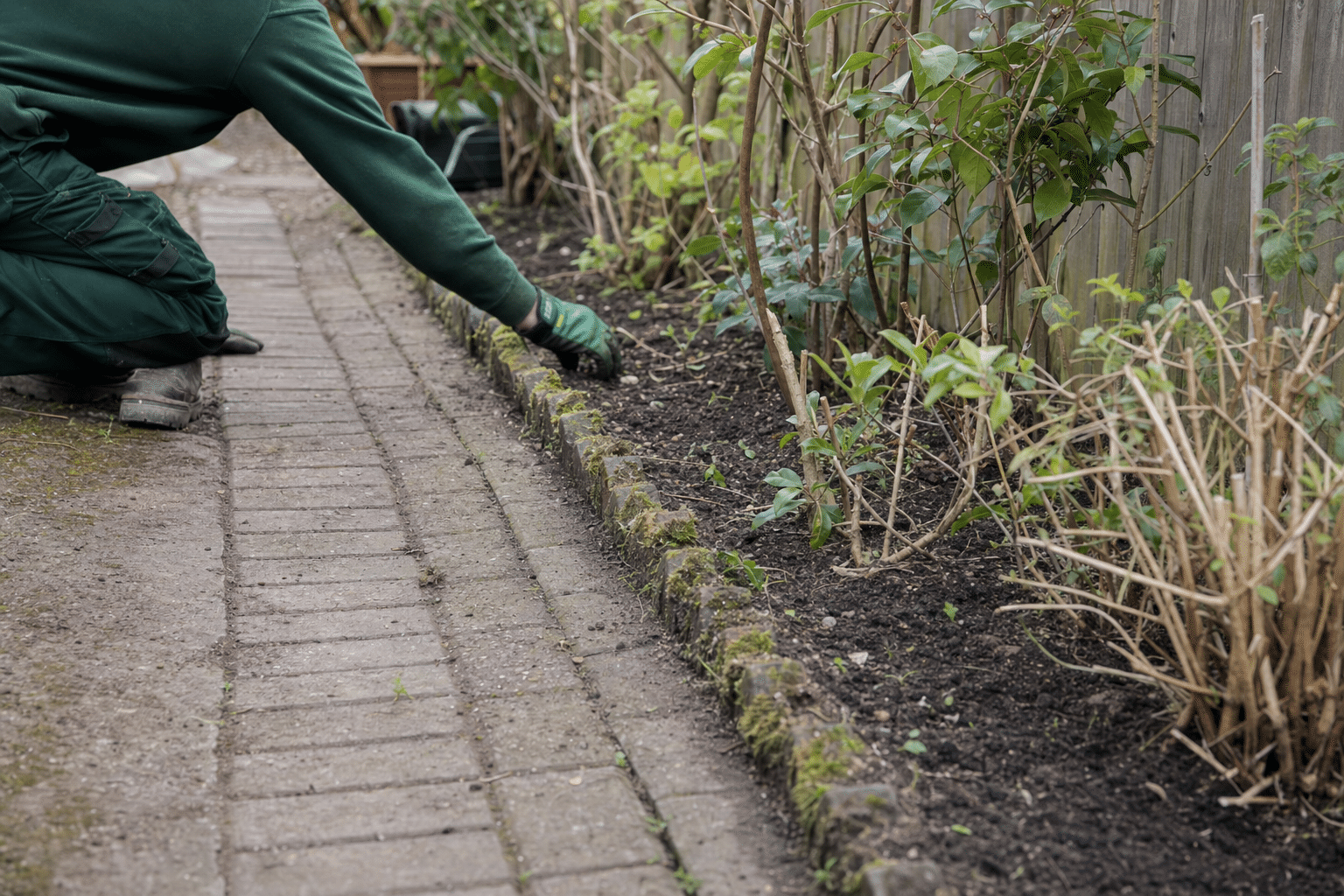 cut-back borders and a clear brick path at an elderly client's terraced garden in Catford SE6