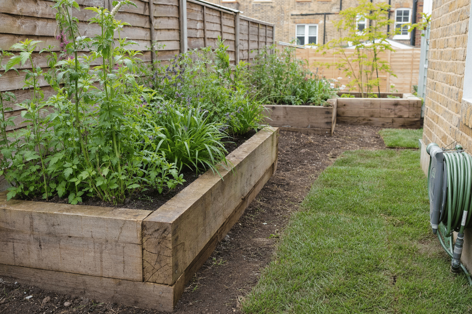 finished sleeper raised beds planted up in a clay back garden in Catford SE6