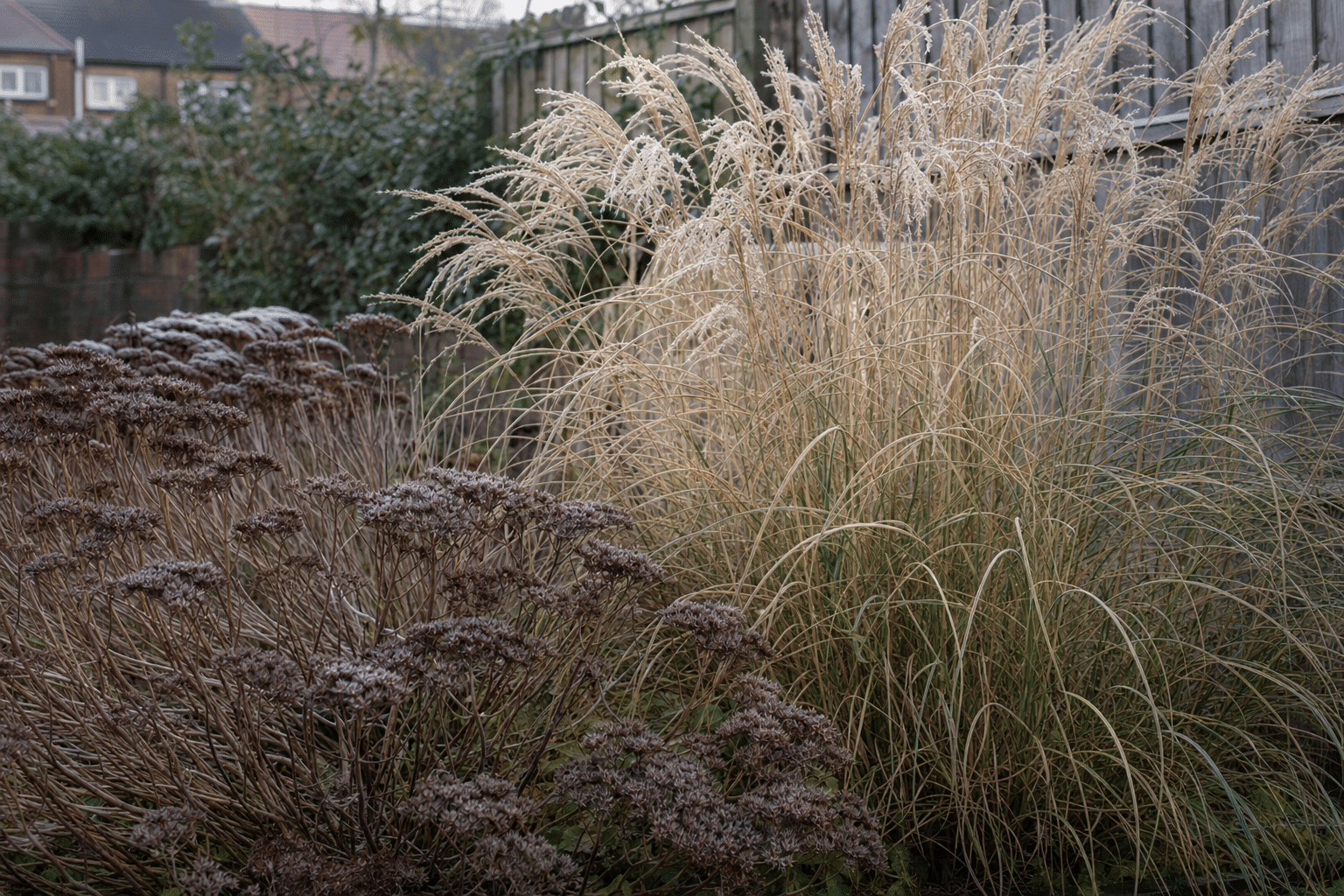 frosted Miscanthus grass and sedum seed heads left standing for winter in a front garden in Brockley SE4