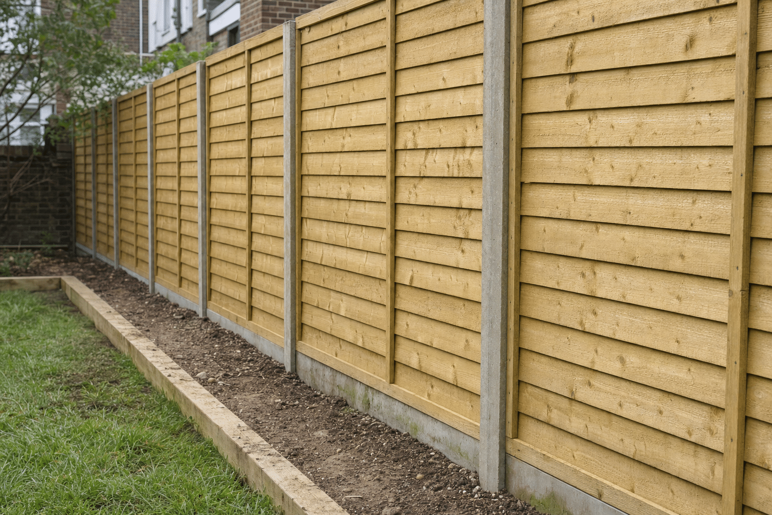 new solid overlapping board fence panels on concrete posts along a rear garden boundary in Lee SE12