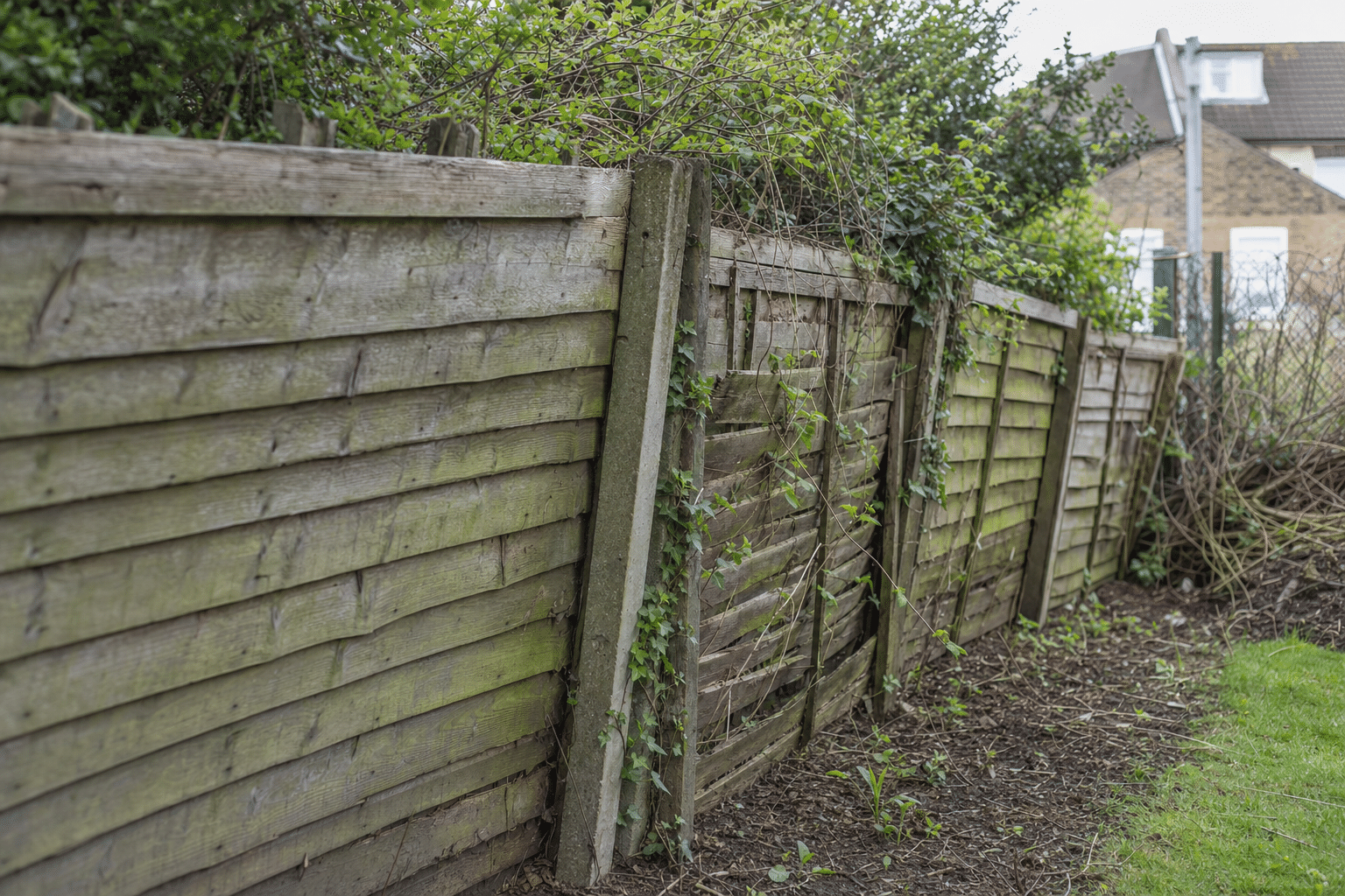 old leaning timber fence panels along a garden boundary beside the railway cutting in Sydenham SE26