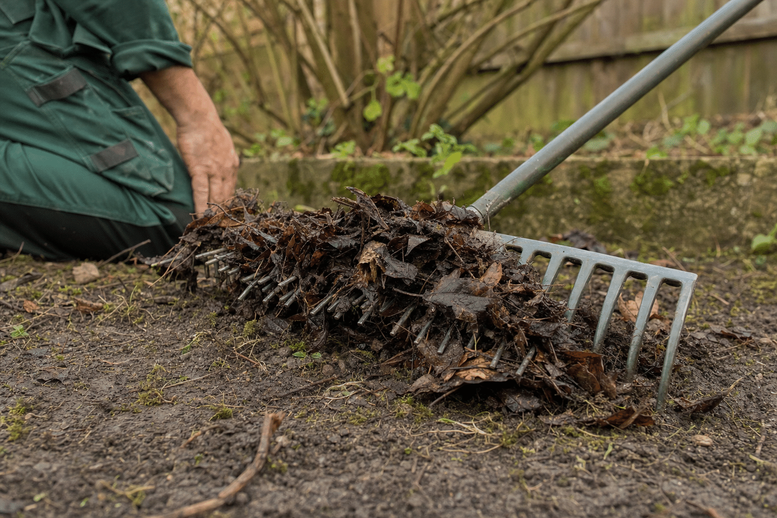 spring-tine rake lifting a matted layer of wet leaves off clay soil in Brockley SE4