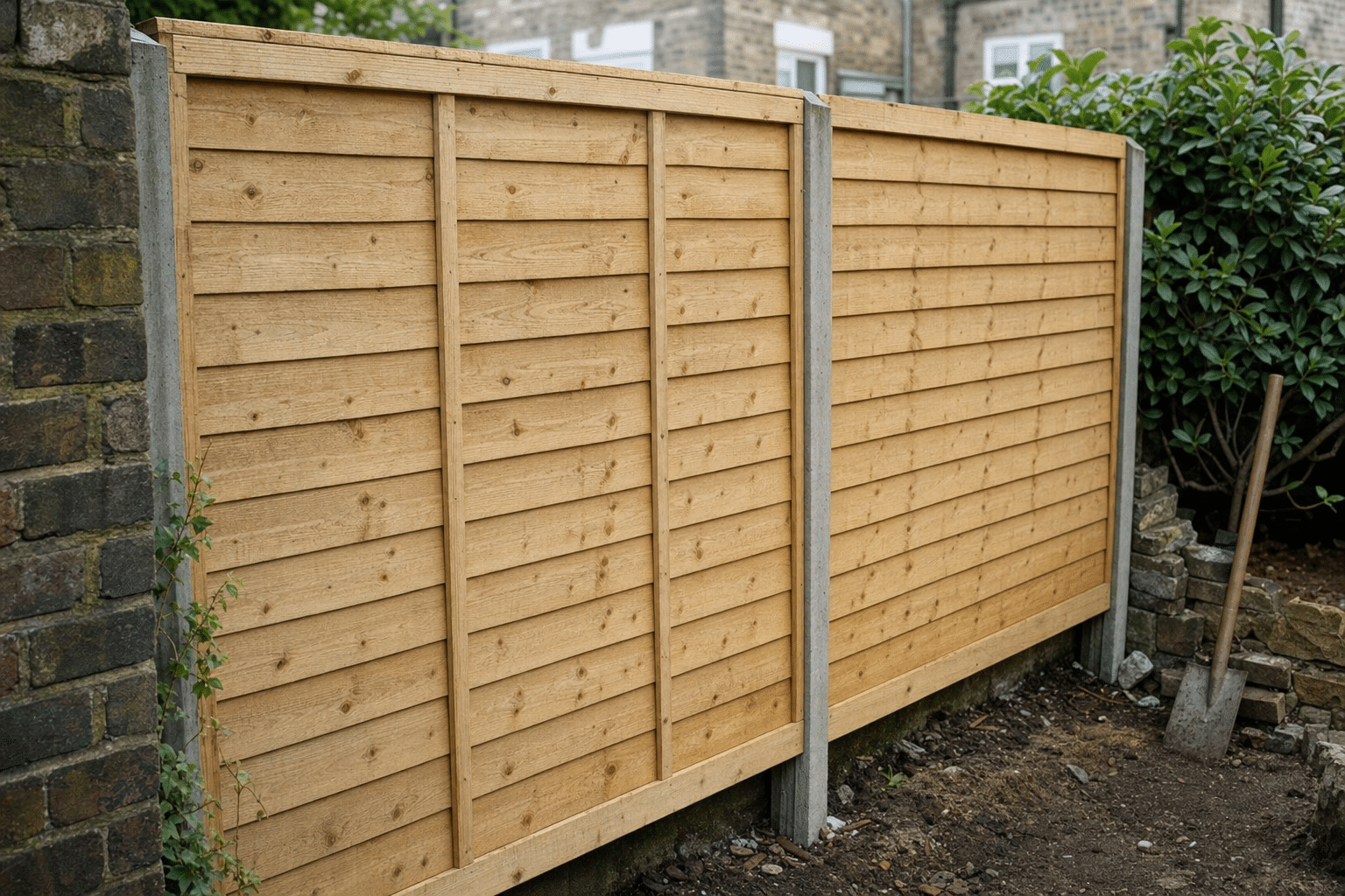 two replacement fence panels fitted on existing wooden posts in a back garden in Crystal Palace SE19