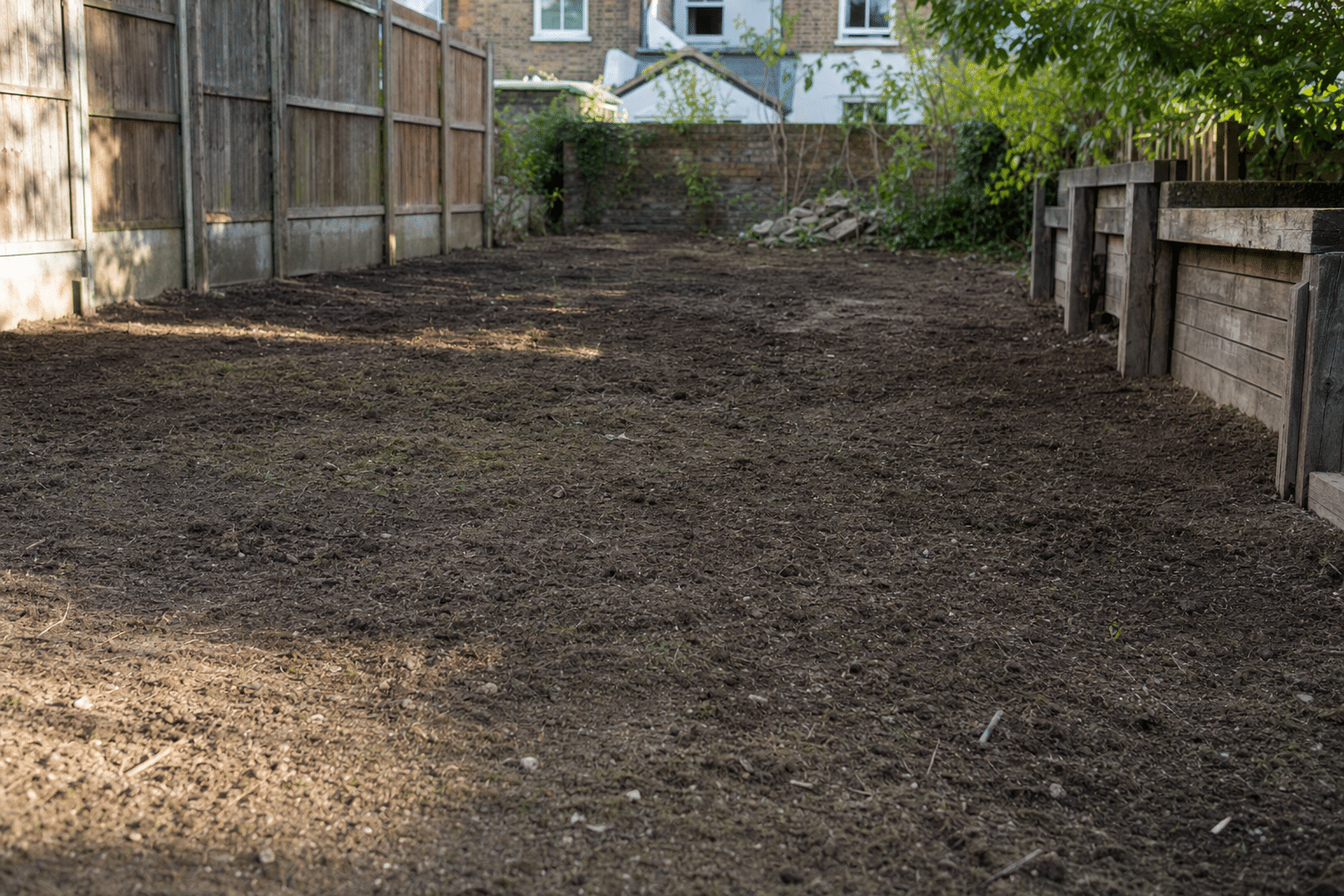 uneven bare ground after bramble clearance before turfing in a back garden in Woolwich SE18