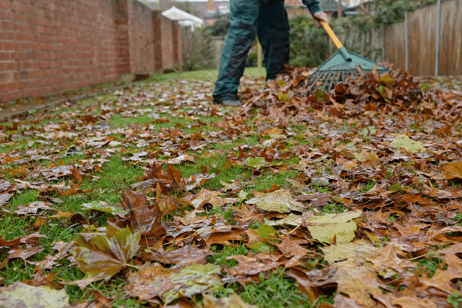 wet sycamore leaves covering a small terraced back lawn in New Cross SE14 in November