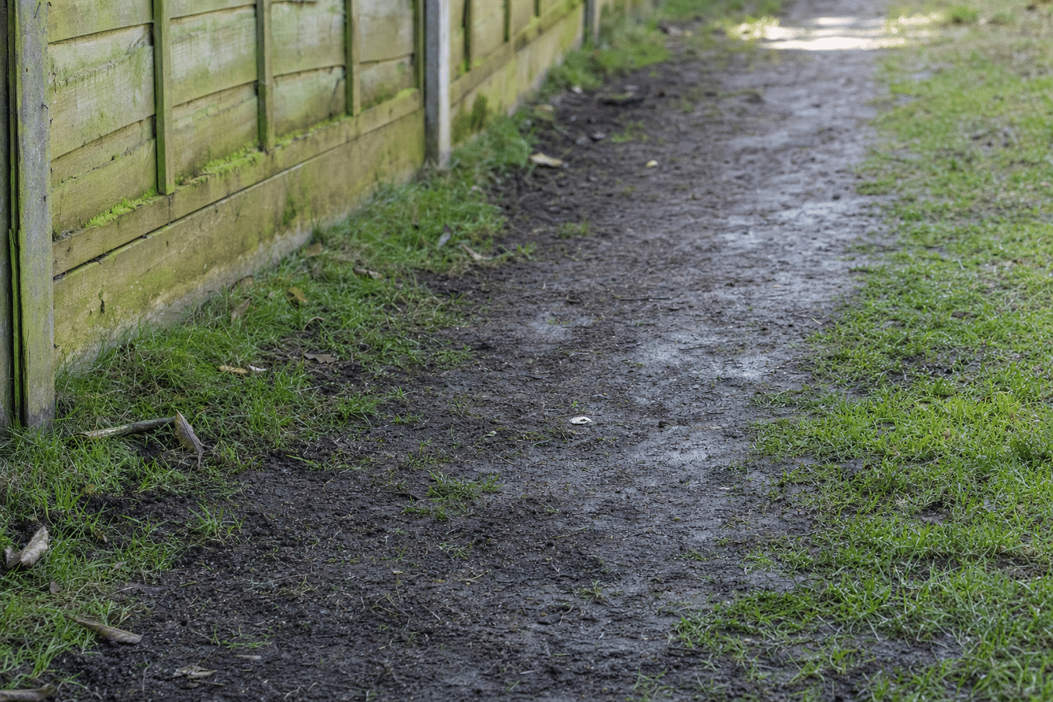 worn muddy strip along a side return path in New Cross SE14